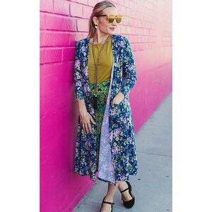 Lularoe Sz M Sarah Long Sweater Duster Jacket Cardigan Floral Print Blue Pink